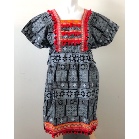 Dresses & Skirts - Thai Free Size Black and White Boho Festival Dress With Red Pom Poms